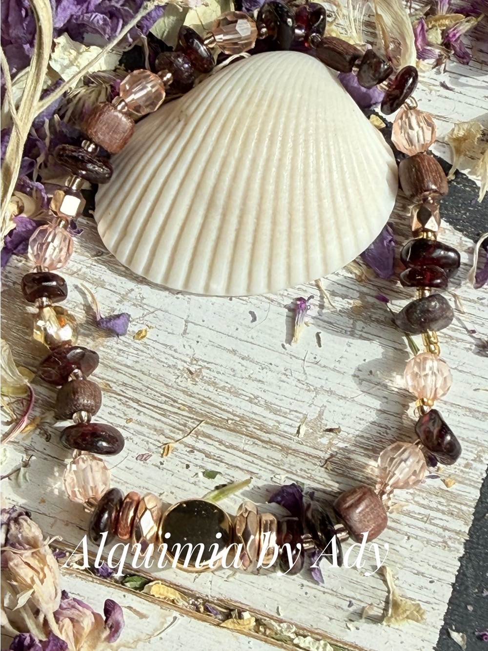 Garnet season + Pink and Brown Beaded Bracelet with Gold Disc